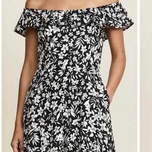 Black White Dark Floral Mini Smocked Summer Vacation Midi Off Shoulder Dress L